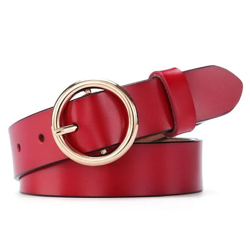Red leather belt with gold circular buckle from Khatia Leather Belt collection