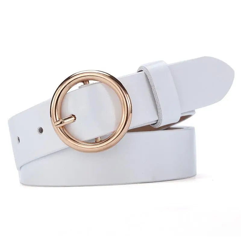 White leather belt with a gold circular buckle from Khatia Leather Belt collection
