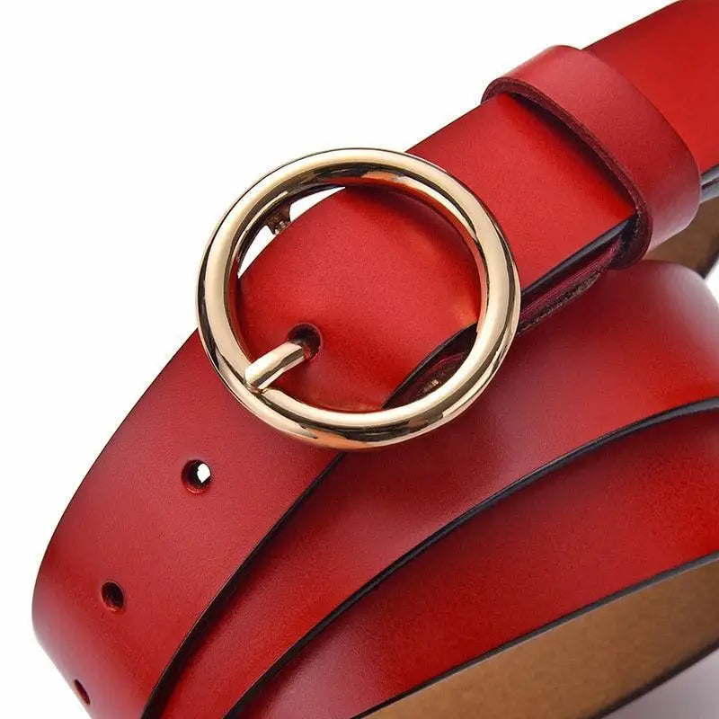 Red khatia leather belt with gold circular buckle for men and women