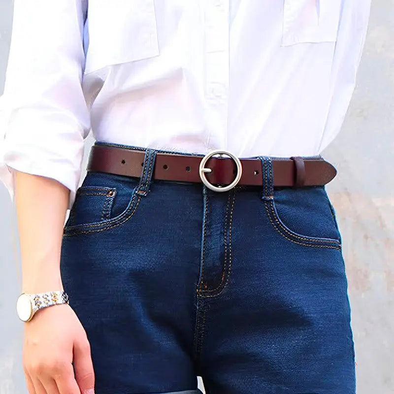 Khatia Leather Belt with Silver Circular Buckle for Men and Women