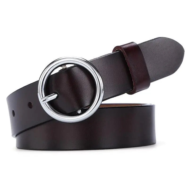 Khatia leather belt with a silver circular buckle, stylish leather belt for men and women