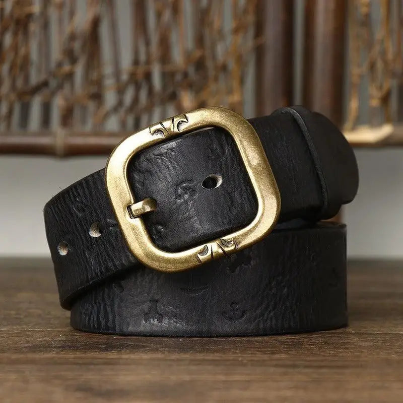 Black leather belt with brass buckle from Embossed Brown Leather Belt collection