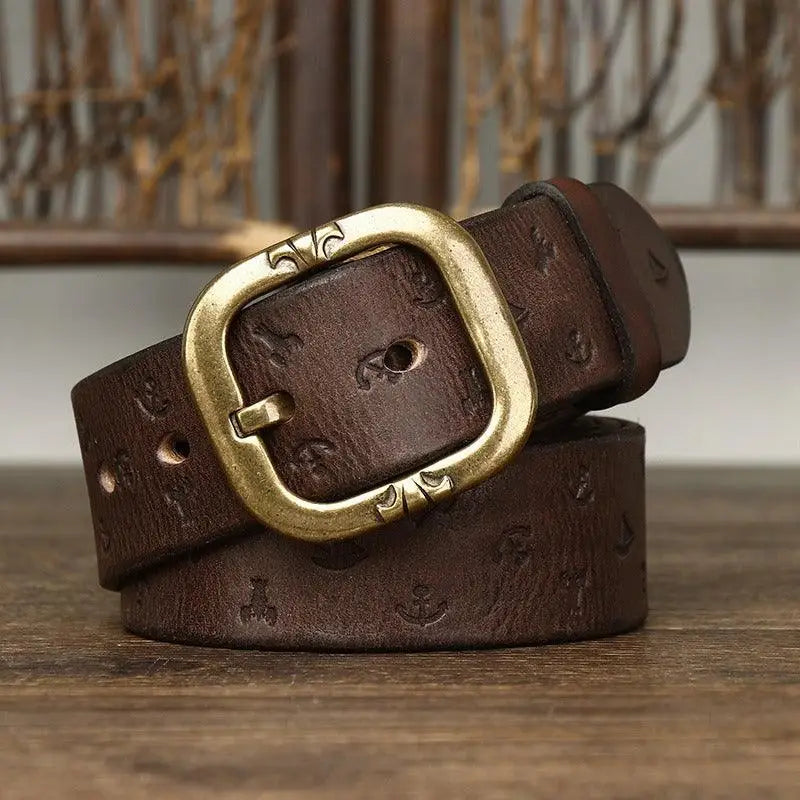 Embossed Brown Leather Belt with Brass Buckle showcasing a stylish leather belt accessory