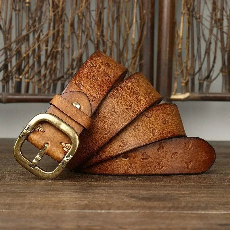 Embossed brown leather belt with anchor pattern and brass buckle for stylish wear