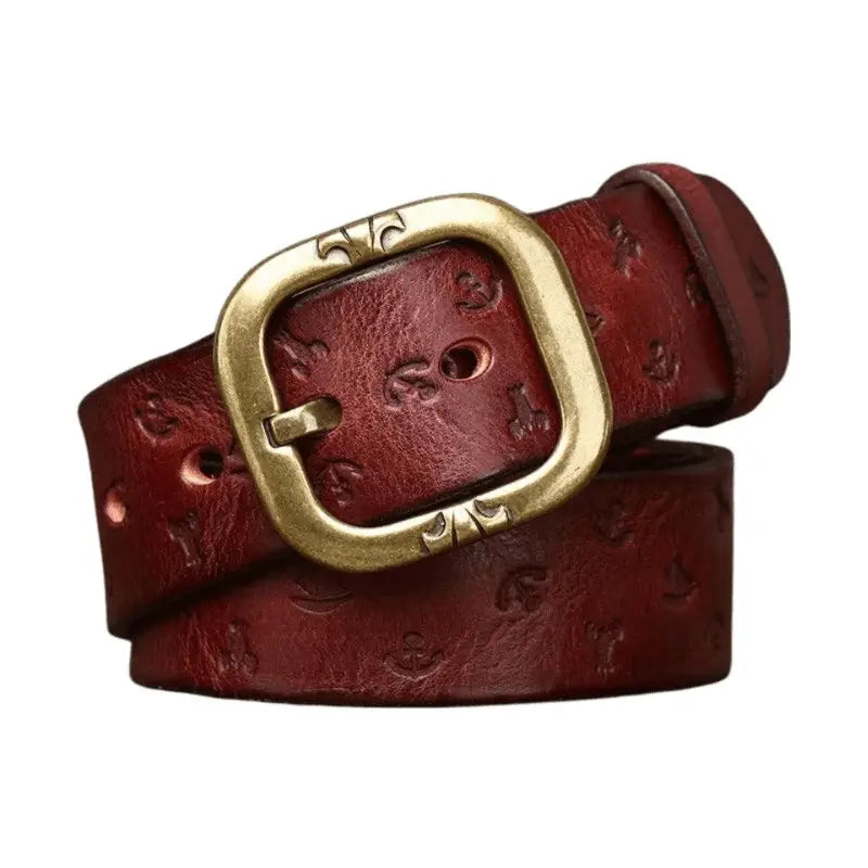 Embossed brown leather belt with brass buckle for stylish men’s accessory product