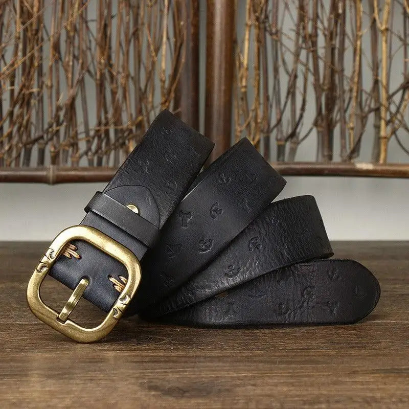 Black leather belt with gold buckle from Embossed Brown Leather Belt with Brass Buckle product