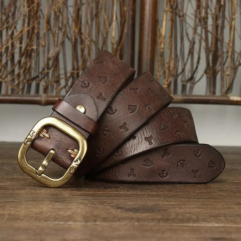 Embossed Brown Leather Belt with Brass Buckle showcasing a high-quality leather belt for men