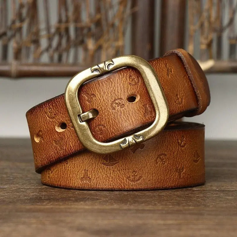 Embossed Brown Leather Belt with Brass Buckle showcasing high-quality leather belt accessory