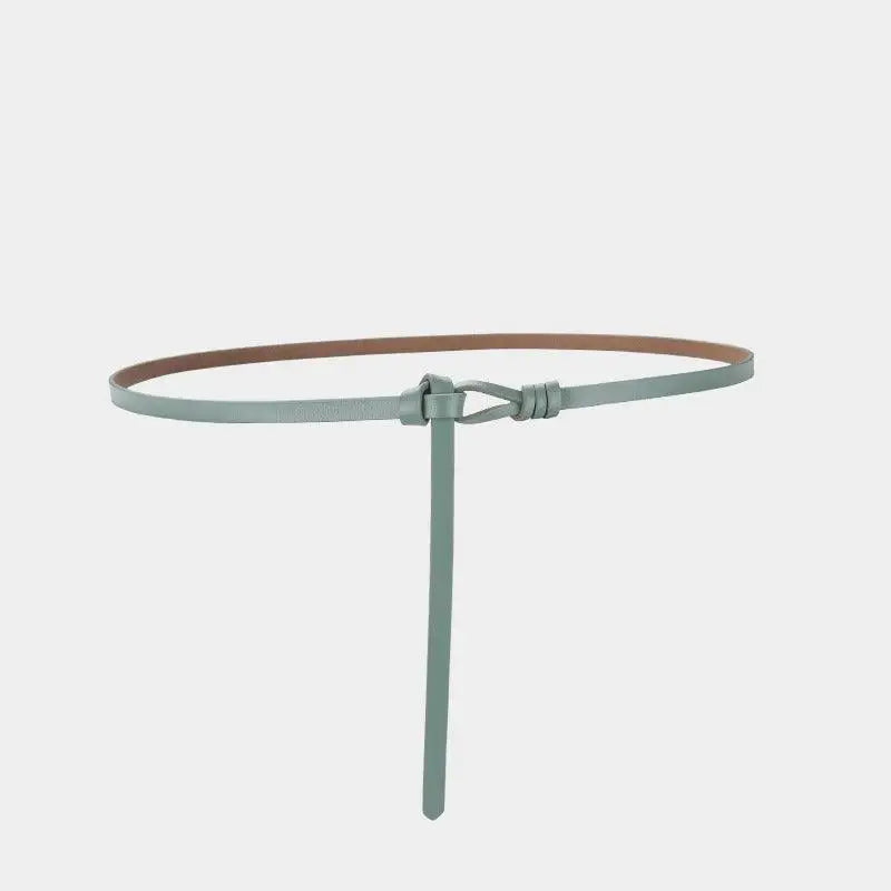 Thin blue leather tie belt displayed in Assorted Leather Tie Belts and Slim Leather Belt collection