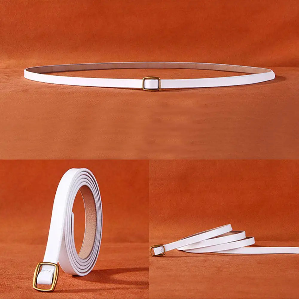 White leather belt with gold buckle featured with Beige Halter Dress with Brown Belt and Gold Buckle
