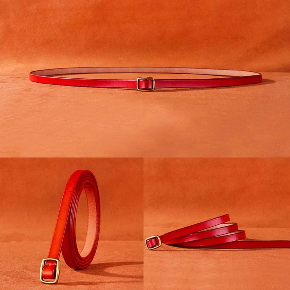 Red leather belt with brass buckle featured with Beige Halter Dress and Gold Buckle