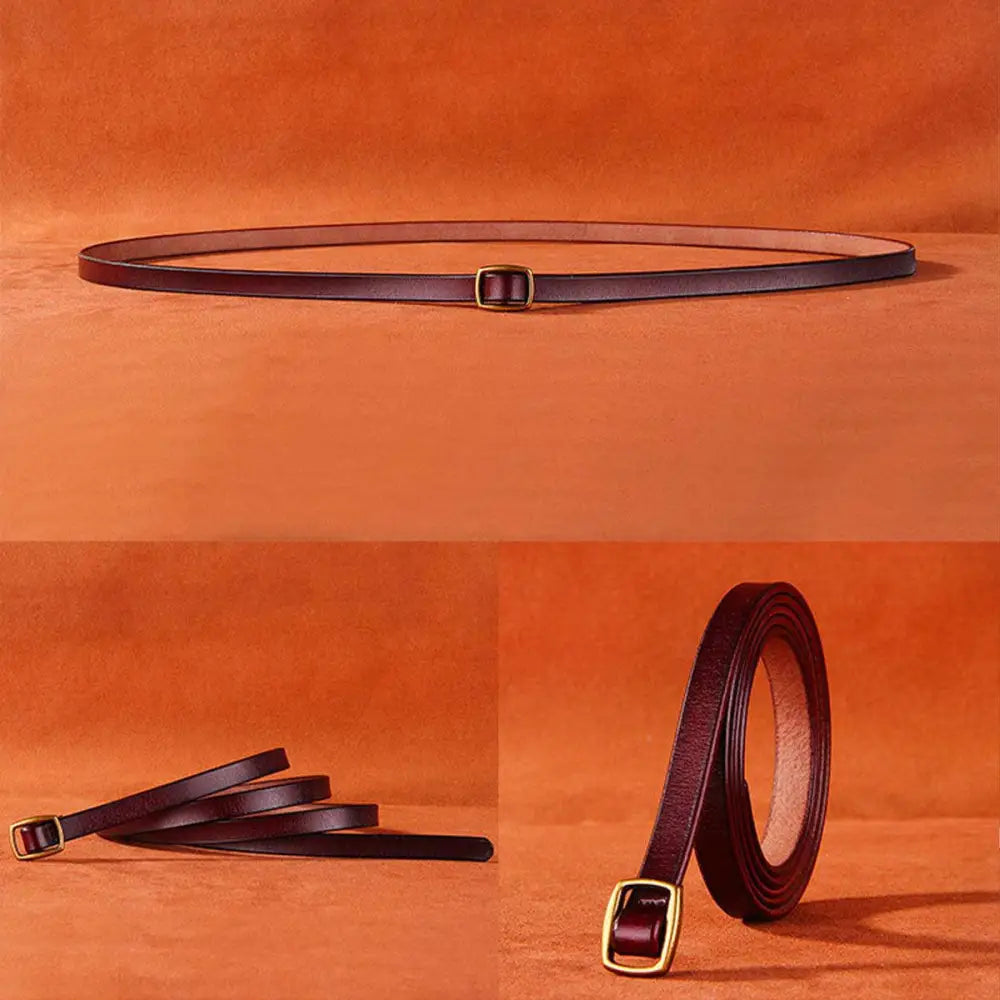 Burgundy leather belt with gold buckle paired with Beige Halter Dress