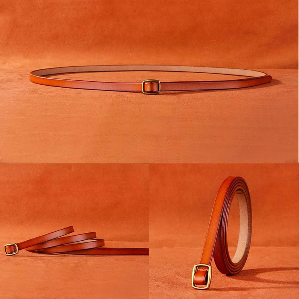 Brown leather belt with a gold buckle paired with a Beige Halter Dress