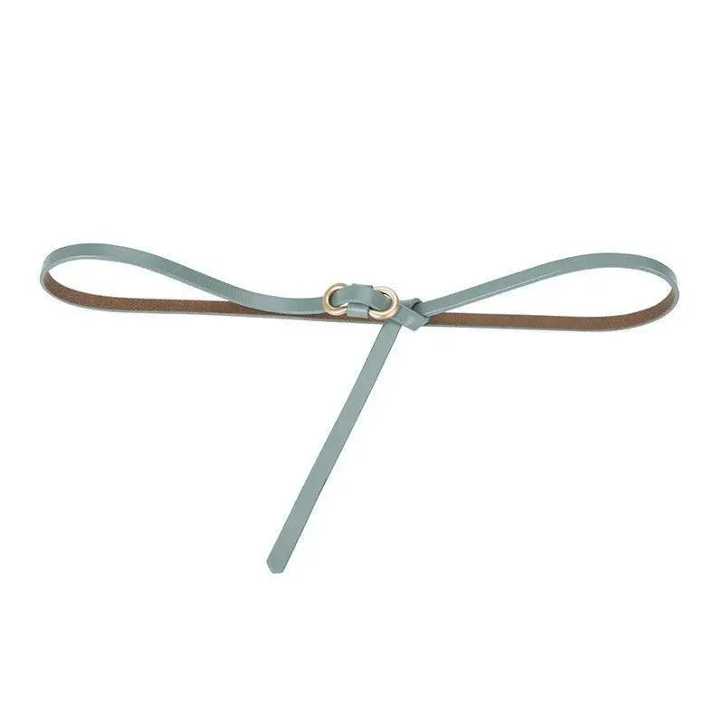 Thin blue leather belt with gold buckle suitable for formal and casual wear