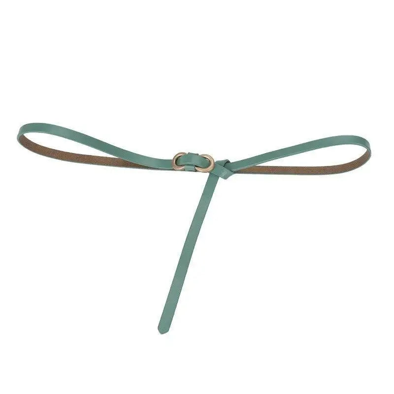 Thin turquoise leather belt with gold buckle suitable for formal and casual wear