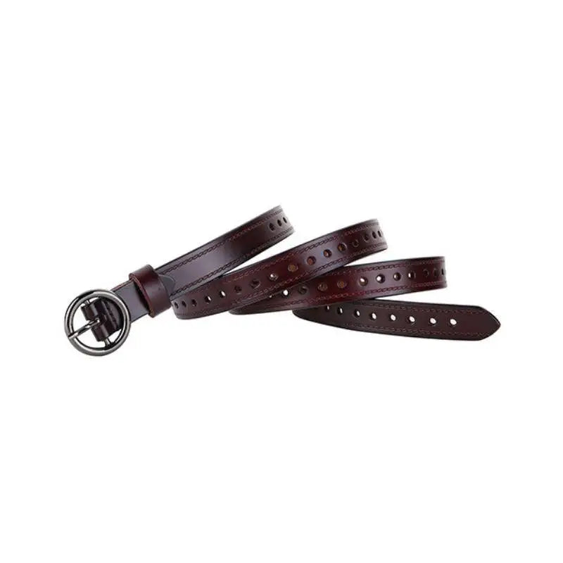 Brown leather belt with circular buckle paired with Red Leather Belt and White Cardigan