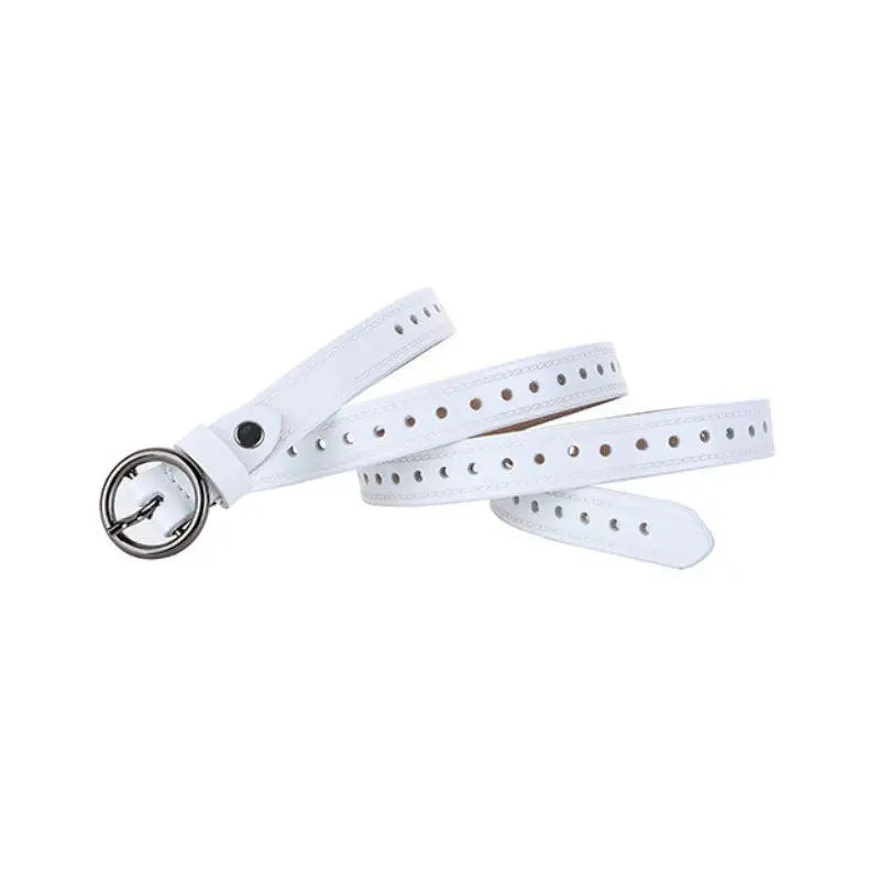 White leather belt with circular buckle displayed alongside Red Leather Belt and White Cardigan with Red and Blue Trim