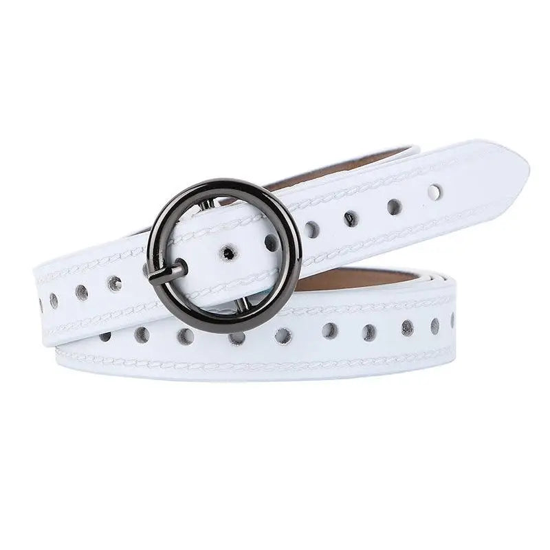 White leather belt with a circular buckle from the Red Leather Belt and White Cardigan collection