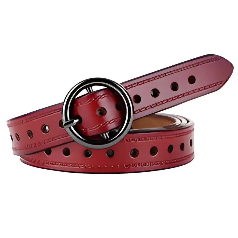 Red leather belt with circular buckle from Red Leather Belt and White Cardigan ensemble