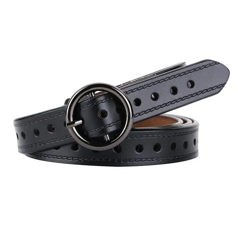 Black leather belt with circular buckle displayed in Red Leather Belt and White Cardigan with Red and Blue Trim