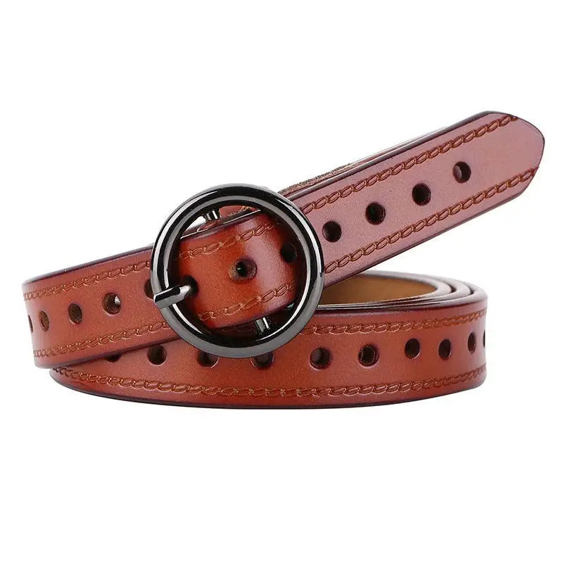 Brown leather belt with circular buckle from Red Leather Belt and White Cardigan product