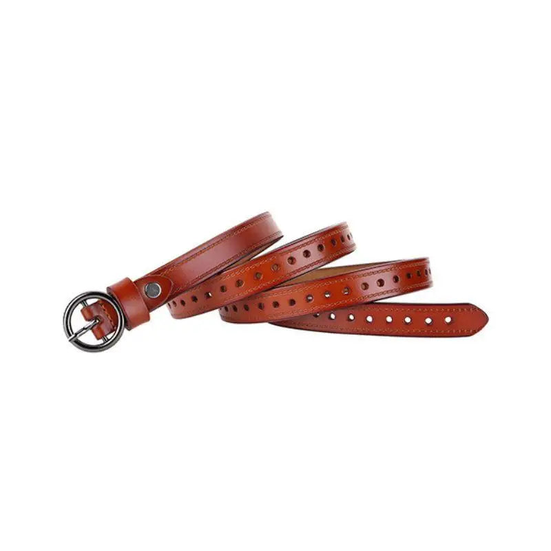 Brown leather belt with circular buckle from the Red Leather Belt and White Cardigan collection