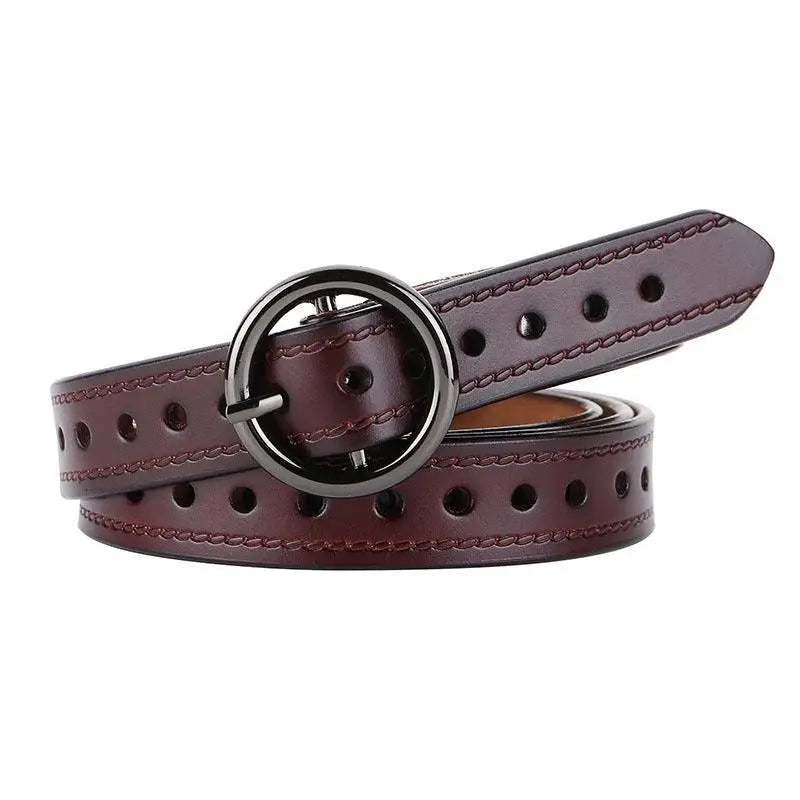 Red leather belt with circular buckle from the product Red Leather Belt and White Cardigan with Red and Blue Trim