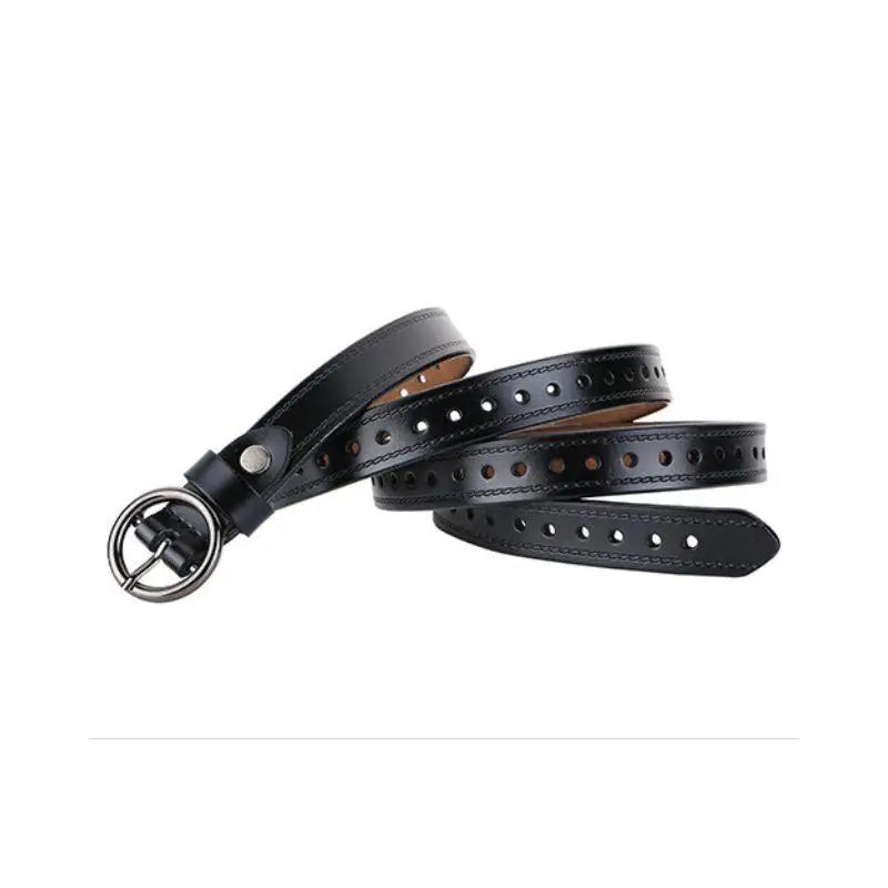 Black leather belt with circular buckle from Red Leather Belt and White Cardigan with Red and Blue Trim