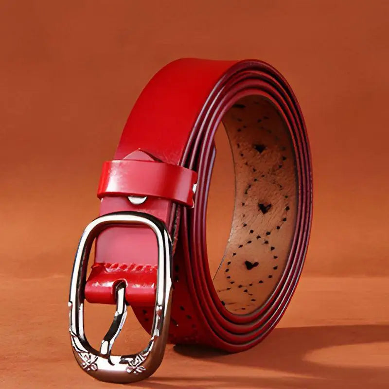 Red Talma Perforated Leather Belt with Silver Buckle, stylish perforated leather accessory