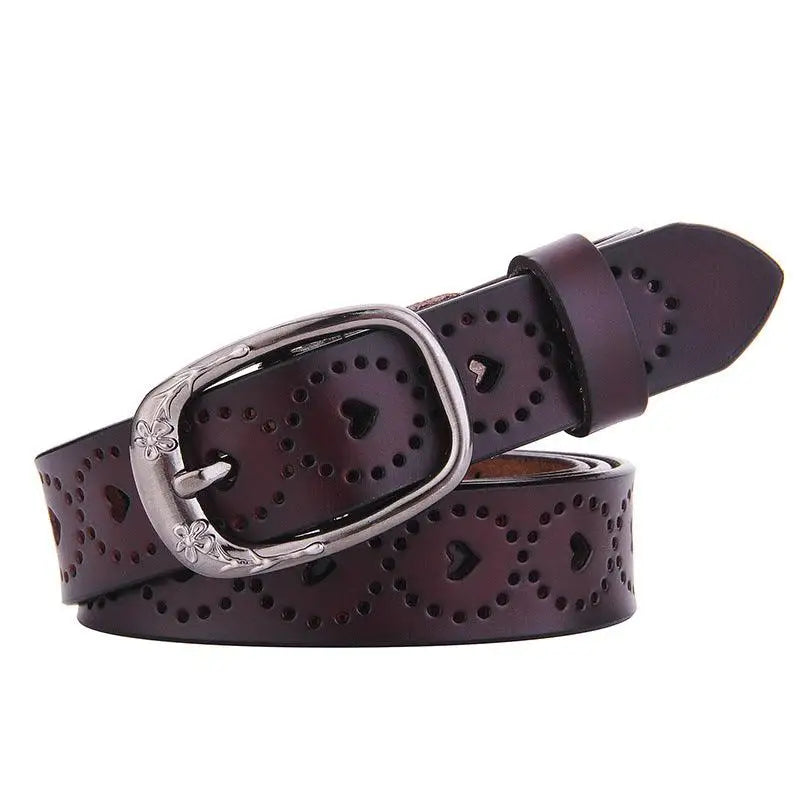 Brown Talma perforated leather belt with heart cutouts and silver buckle for stylish wear