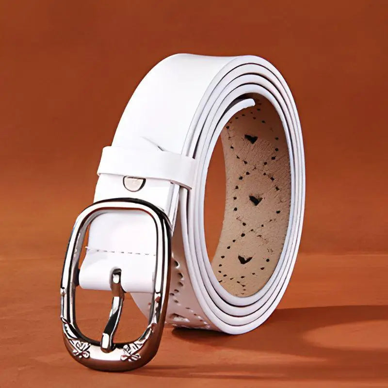 White Talma perforated leather belt with decorative cutouts and silver buckle