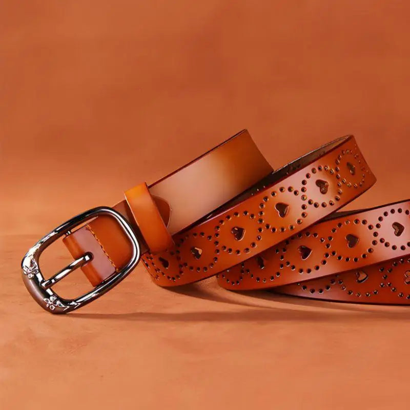 Brown Talma perforated leather belt with decorative heart cutouts