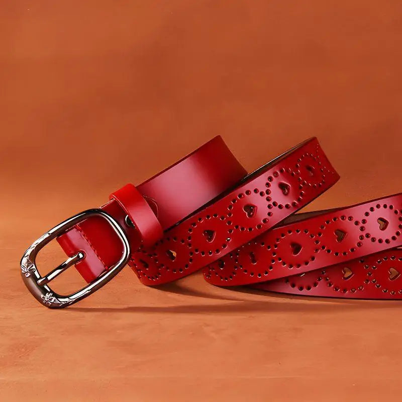 Red Talma perforated leather belt with decorative heart cutouts for stylish accessories