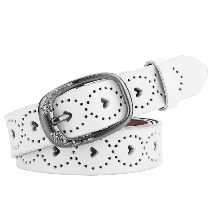 White perforated leather belt with heart cutouts from Talma Perforated Leather collection