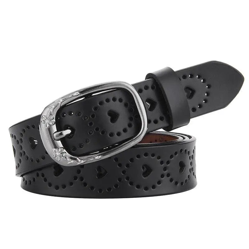 Black leather Talma perforated leather belt with heart-shaped cutouts and decorative perforations
