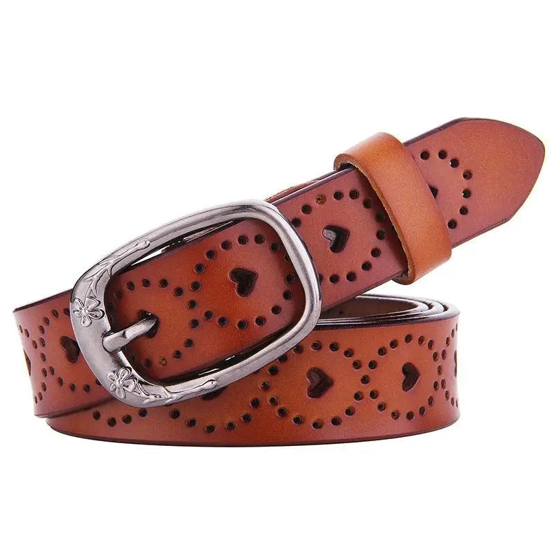 Talma perforated leather belt with heart cutouts and silver buckle for stylish wear