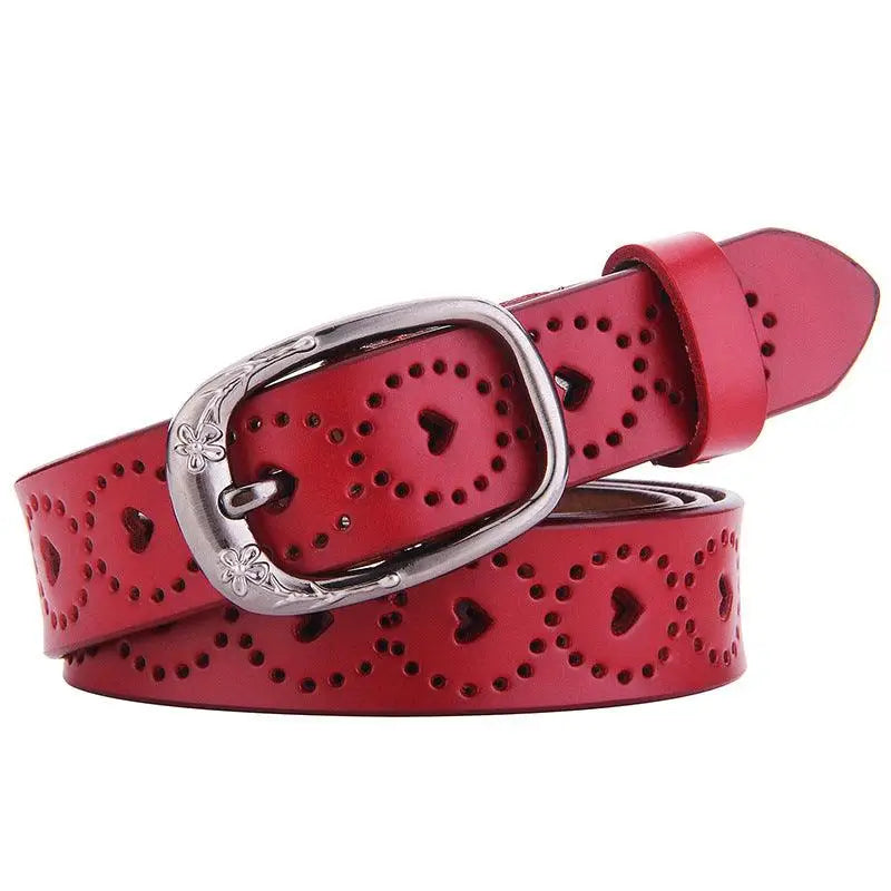 Red Talma perforated leather belt with decorative heart cutouts for stylish accessories