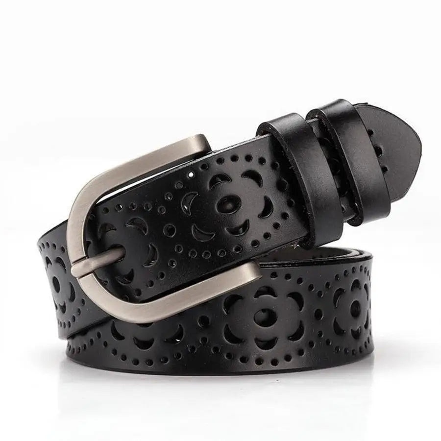 Black leather floral-patterned belt from Eteri Leather featured in Olive Green Blazer and Shorts Outfit