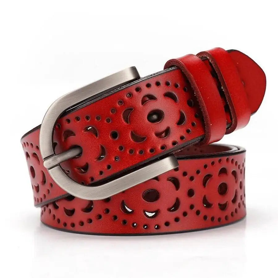 Red leather belt with floral cutouts and silver buckle from Eteri Leather Belt collection