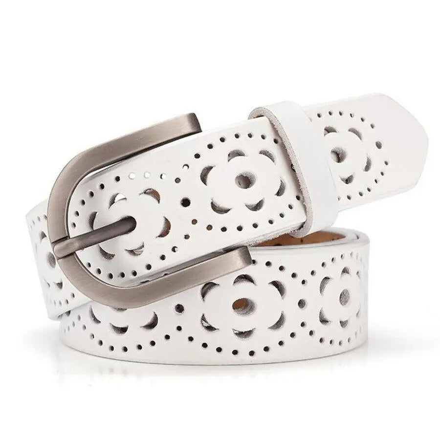 White leather belt with floral cutouts featured in Olive Green Blazer and Shorts Outfit