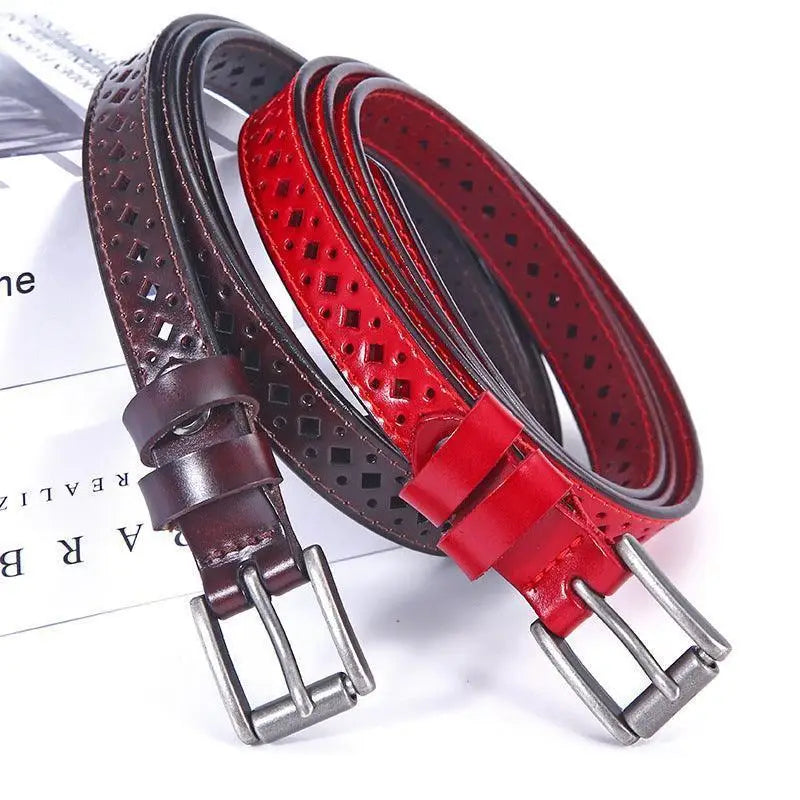 Perforated leather belts displayed with distressed denim shorts and a red leather belt featuring diamond cutouts