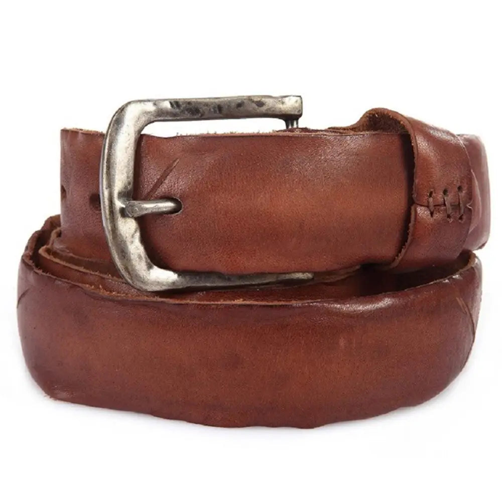 Brown leather belt with silver buckle for elegant style and versatile fashion accessory