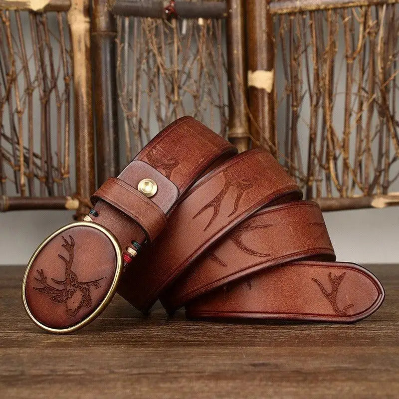 Brown leather belt featuring a deer motif and buckle, perfect for outdoor attire