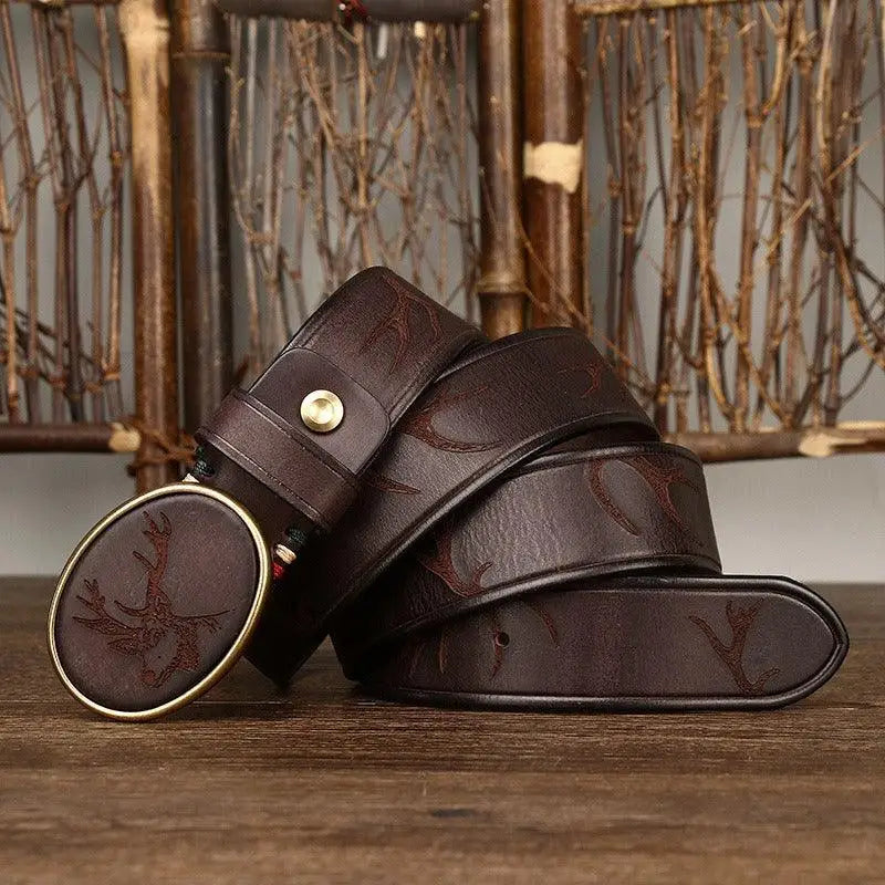 Brown leather belt with oval deer buckle for stylish men’s accessories