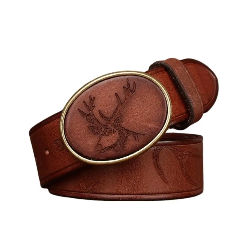 Brown leather belt featuring a decorative deer buckle for stylish accessories
