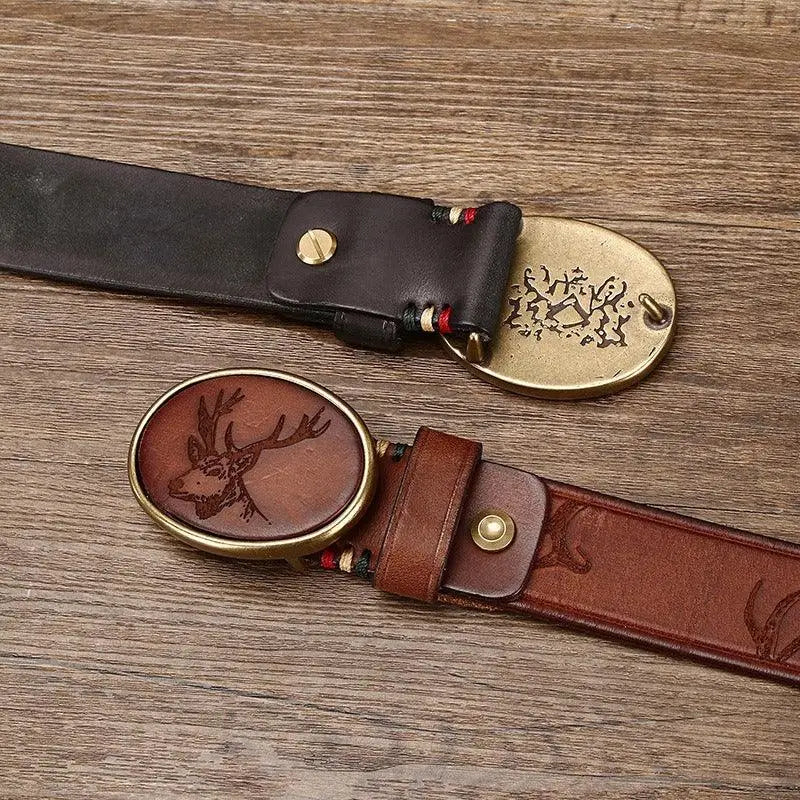 Brown leather belt with decorative deer buckle for stylish men’s fashion