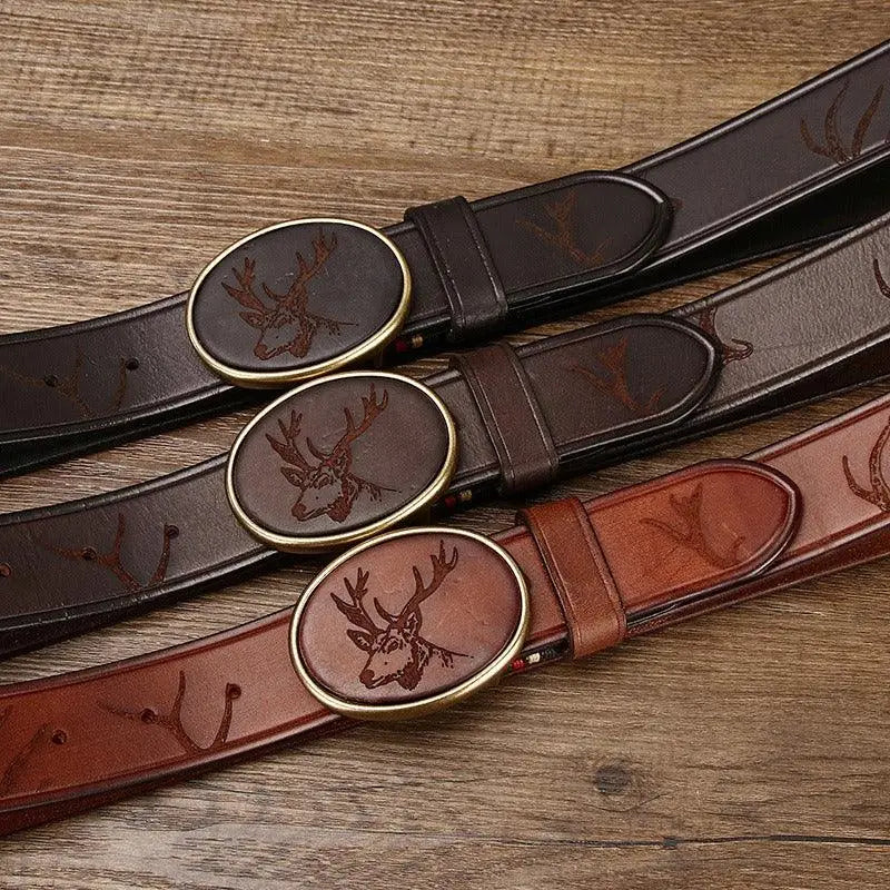 Brown Leather Belt featuring a Deer Buckle for stylish and durable wear