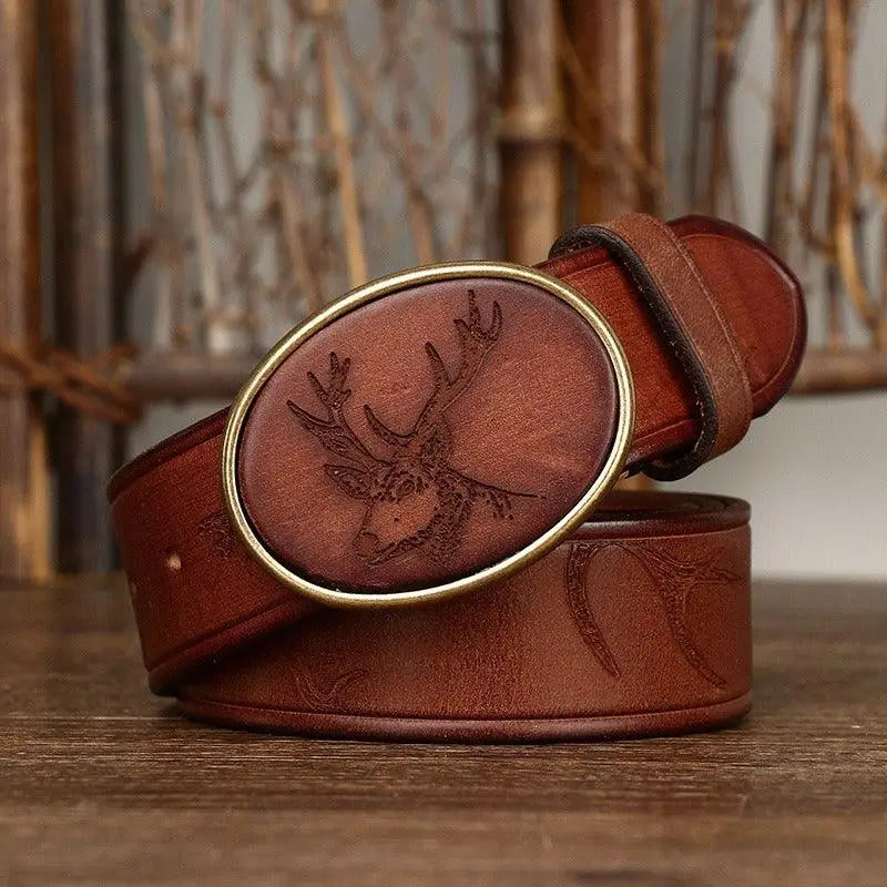 Brown leather belt featuring a deer-shaped buckle for a stylish accessory