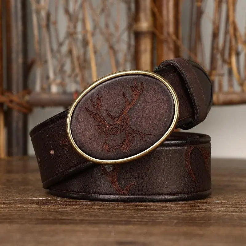 Brown leather belt featuring a detailed deer design and buckle for stylish wear