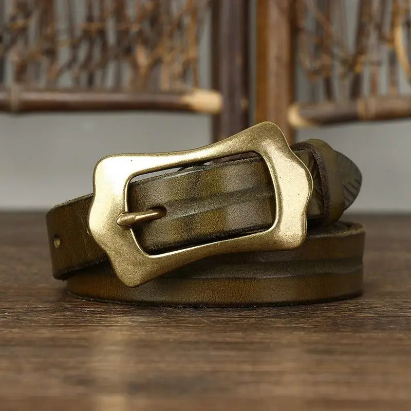 Olive-green Radhika Leather Belt with Ornate Brass Buckle for Stylish Wear